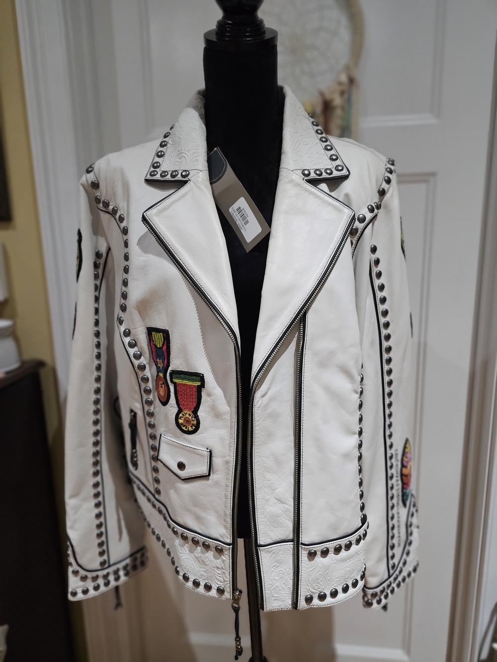 Double D Ranch "SENORITA" White Leather Fringe Studded Jacket, NWT - Picture 2 of 13